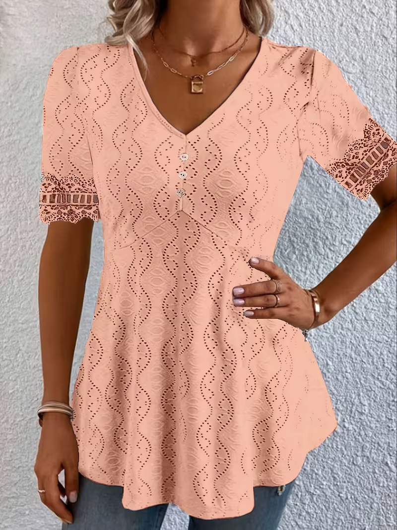 V-Neck Jacquard Lace Hollow-Out Waist-Cinched Short Sleeve Top