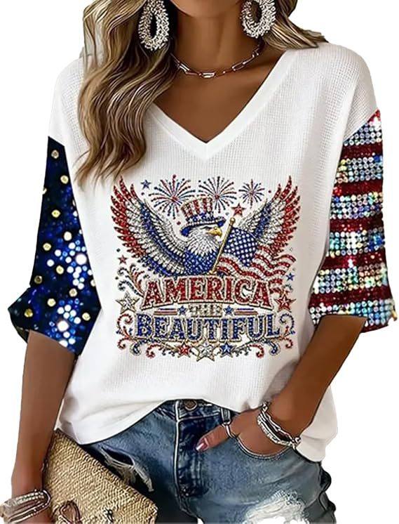 American Flag Fireworks Print V-Neck Short Sleeve T-Shirt for Women