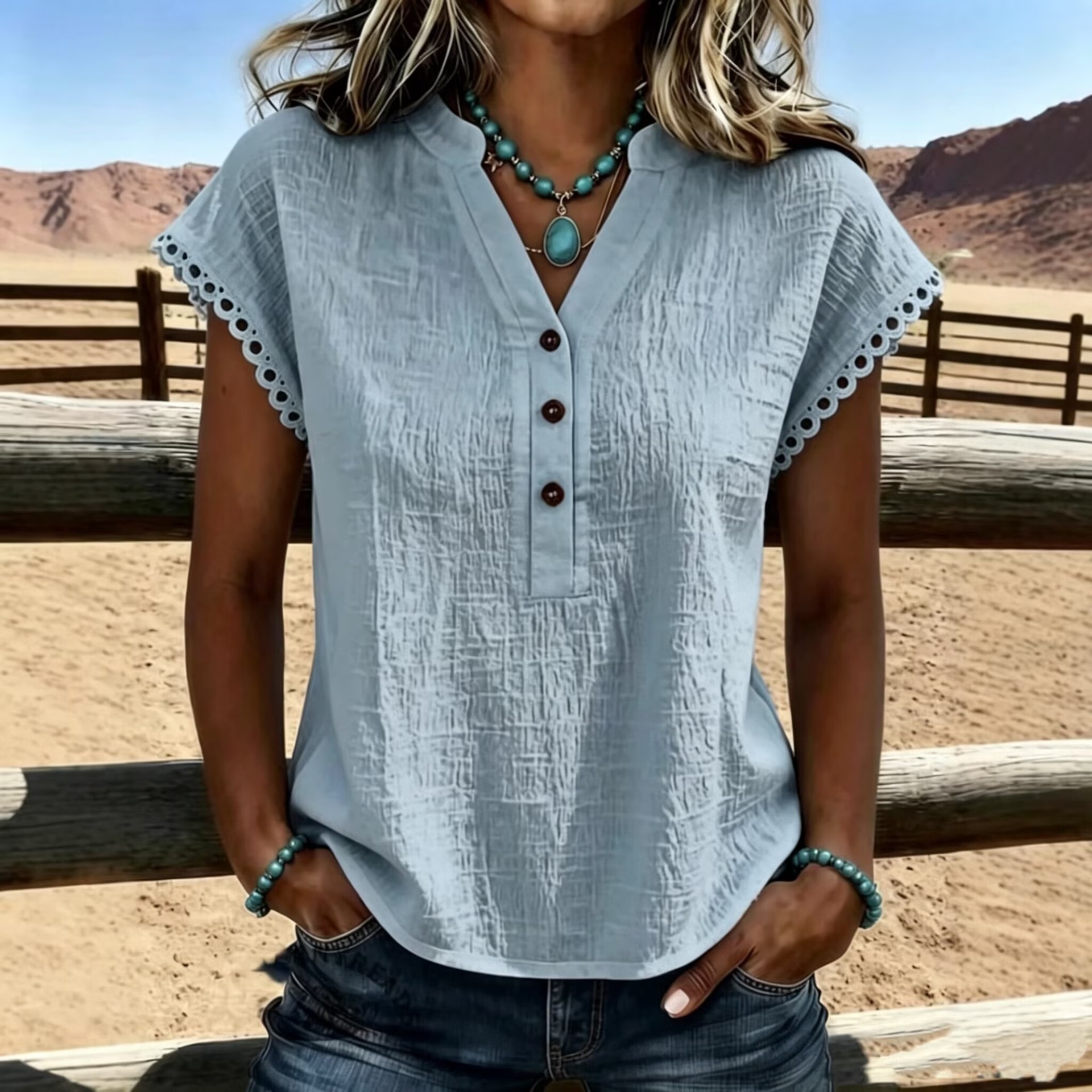 V-Neck Button Lace Trim Batwing Short Sleeve Solid T-Shirt