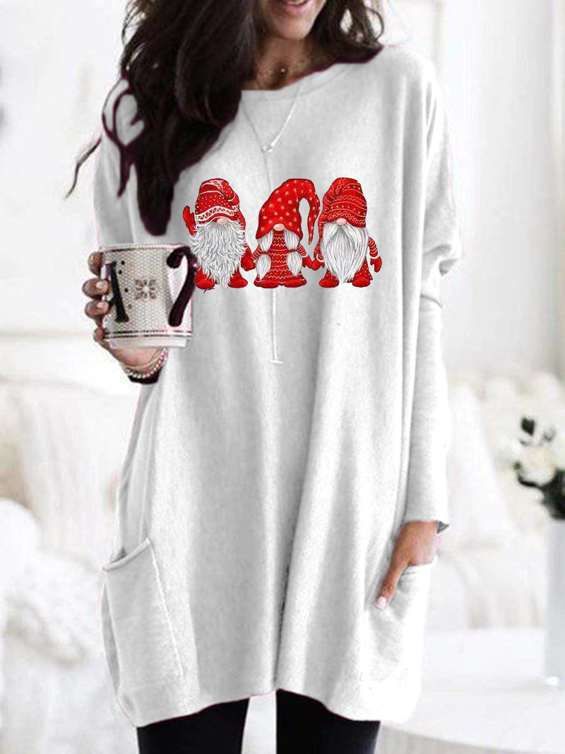 Santa Print Long Sleeve Round Neck Pocket Dress