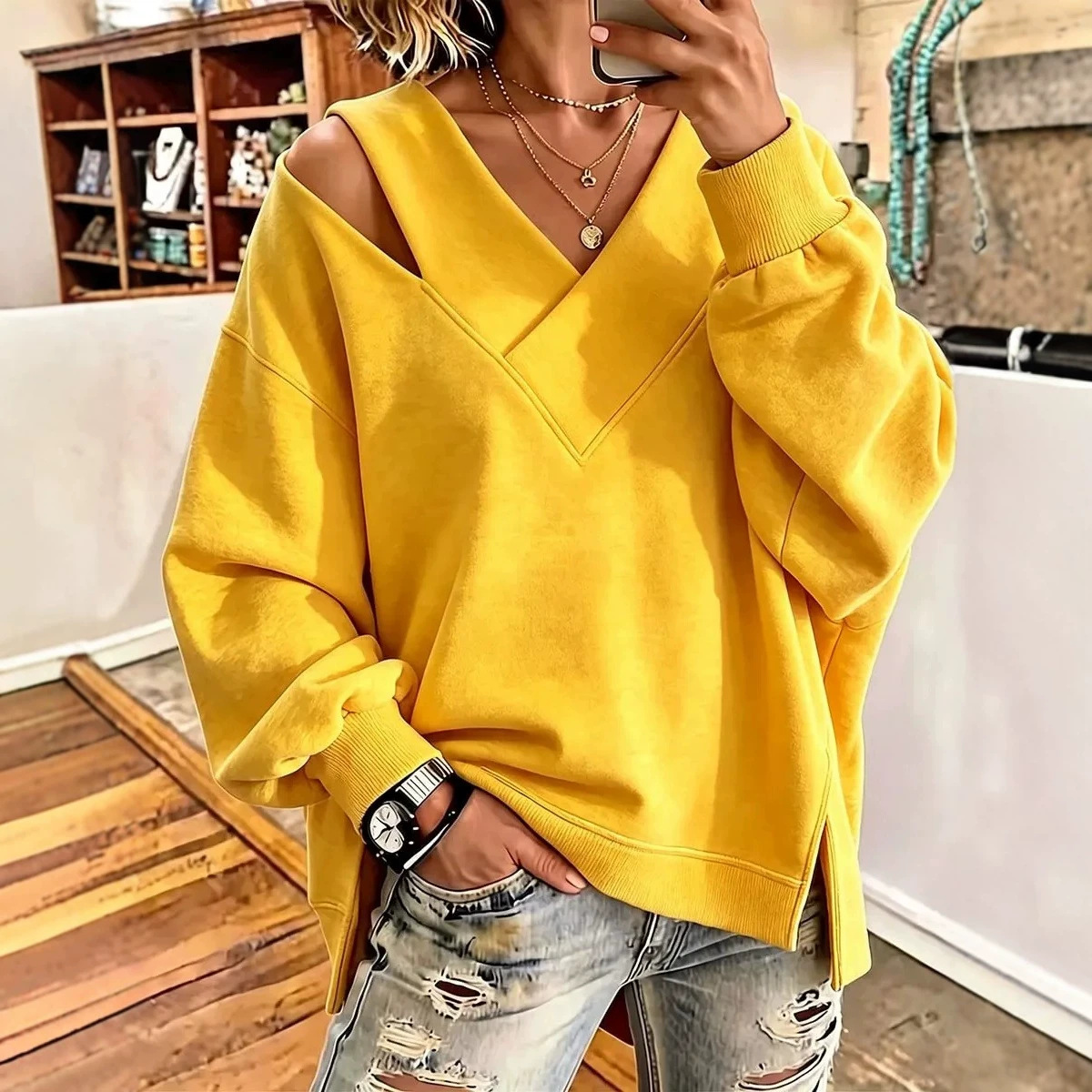 Women's Solid V-Neck Long-Sleeve Loose T-Shirt Sweatshirt