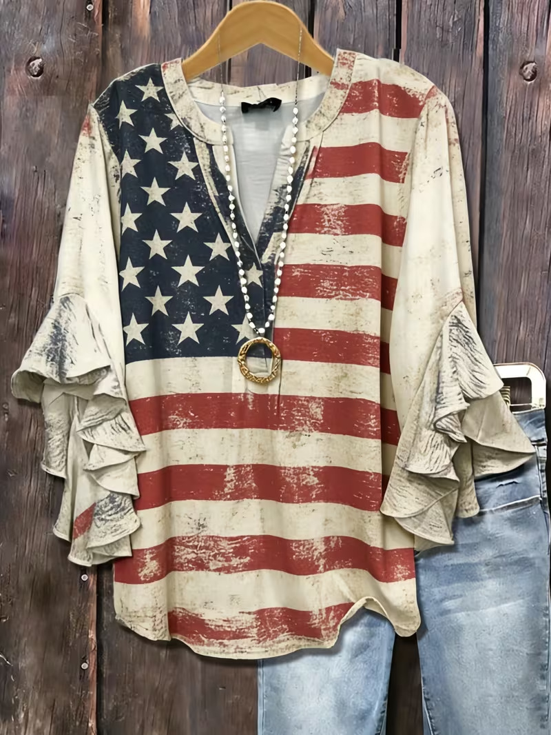 American Flag Print Rolled Sleeve Button Women's Top