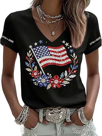 American Flag Print V-Neck Short Sleeve Women's T-Shirt