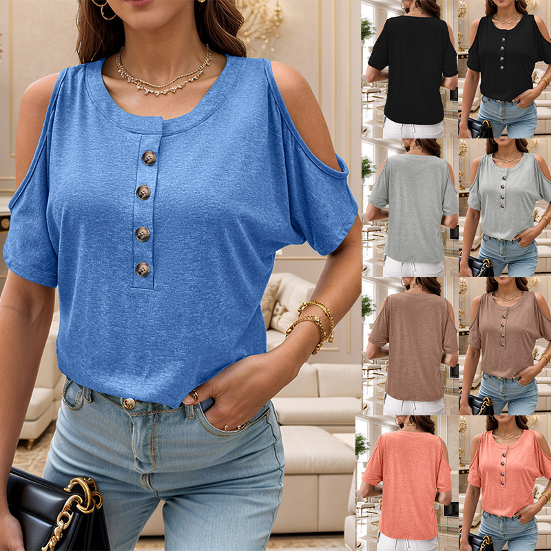 Women's Off-Shoulder Short-Sleeve T-Shirt Solid Color Loose Fit