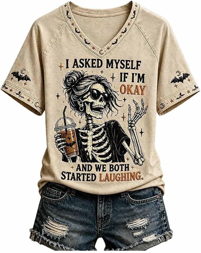 Skull Goblet Letter Print V-Neck Short Sleeve Women's T-Shirt