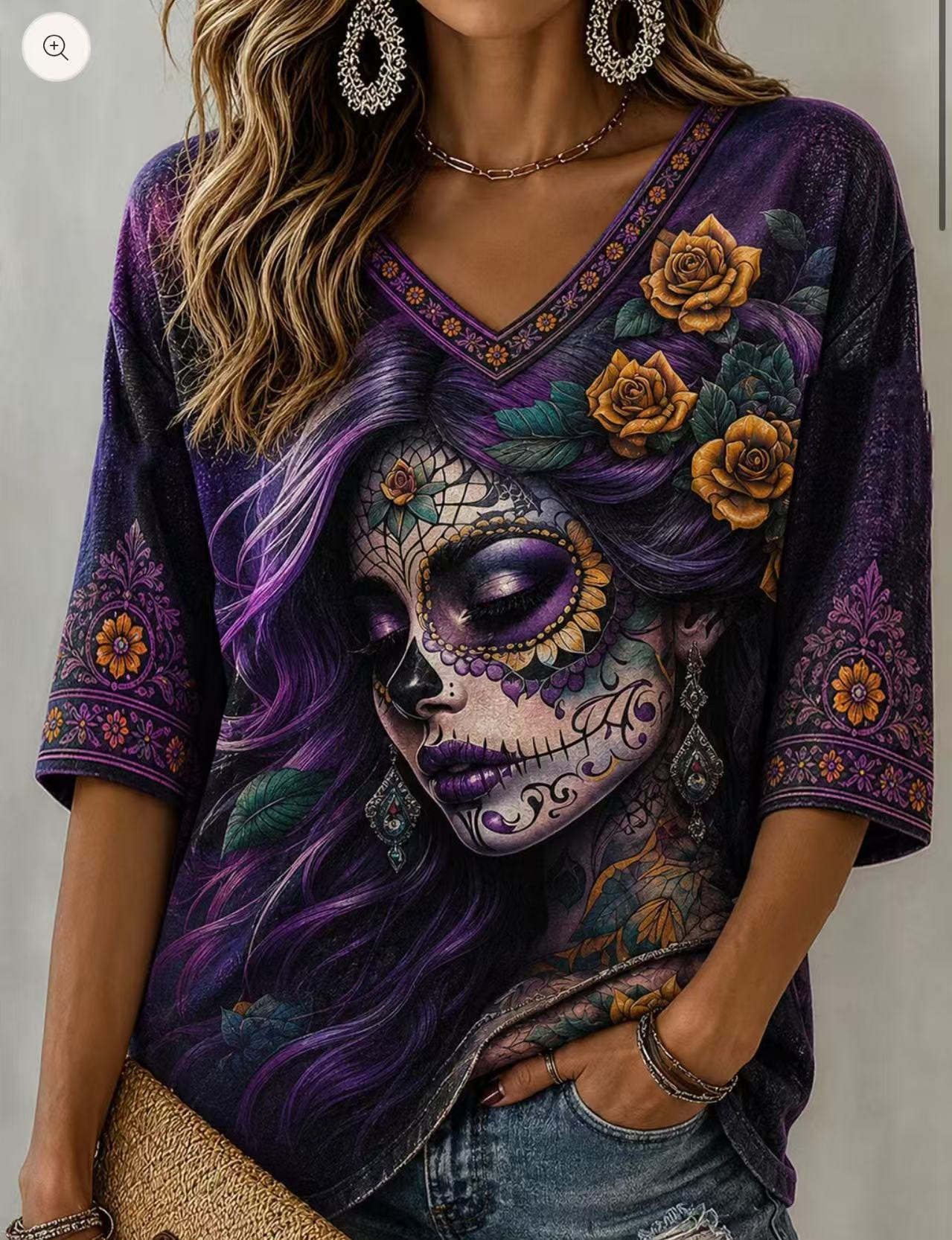Halloween Ghost Print V-Neck Half-Sleeve Women's T-Shirt