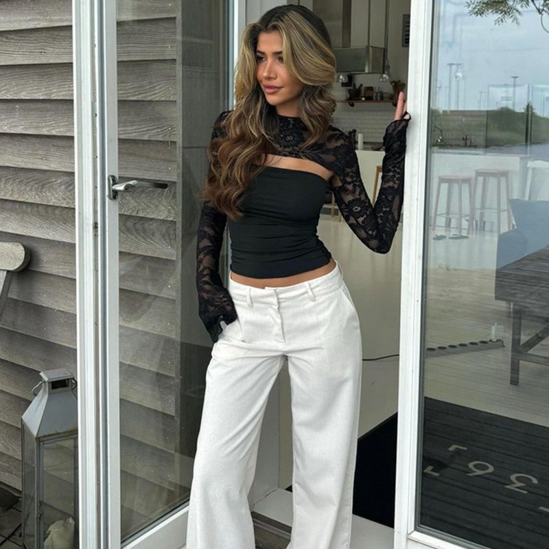 Sexy Lace Cutout Flare-Sleeve Fitted Crop Top