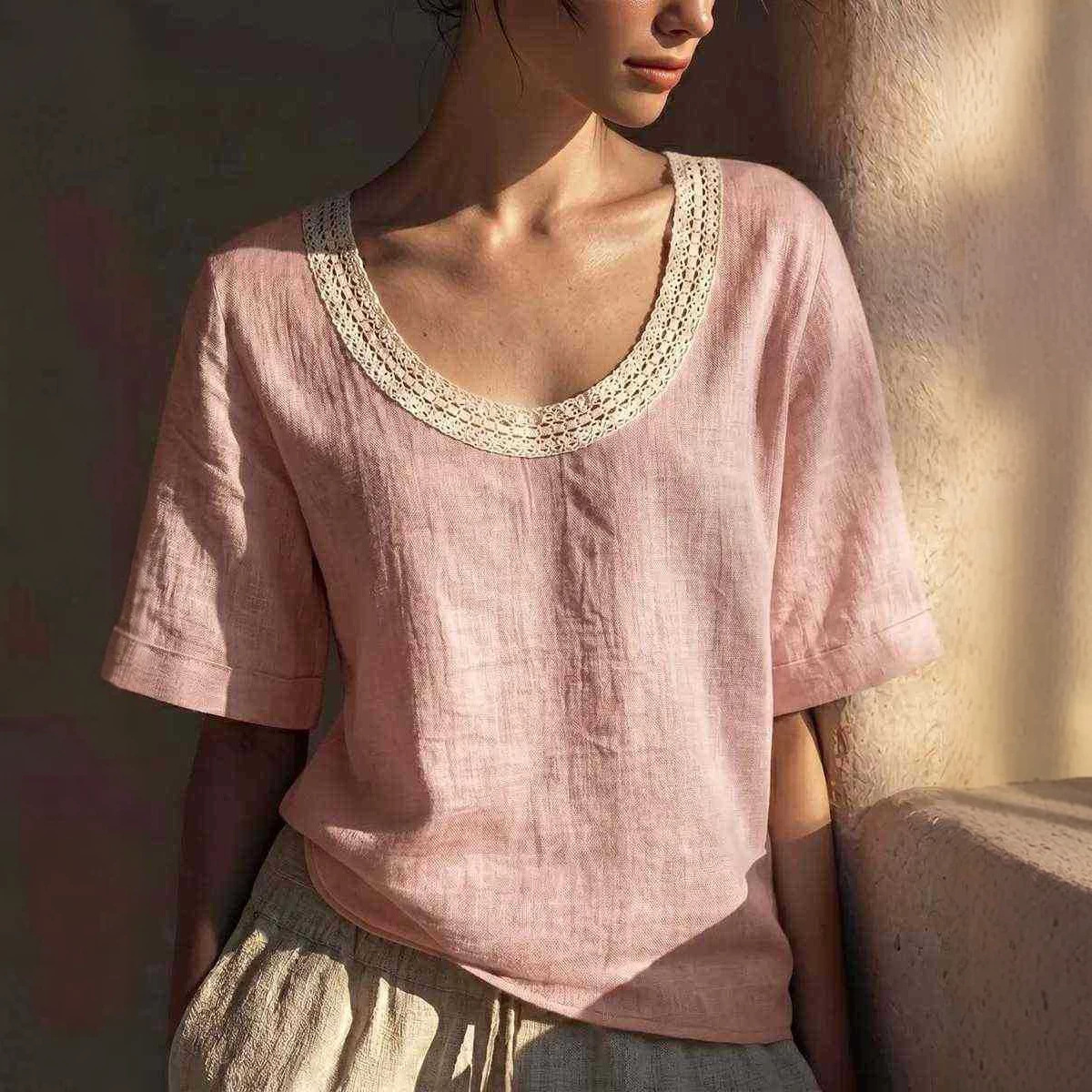 Women's Vintage Short Sleeve Lace U-Neck Tank Top