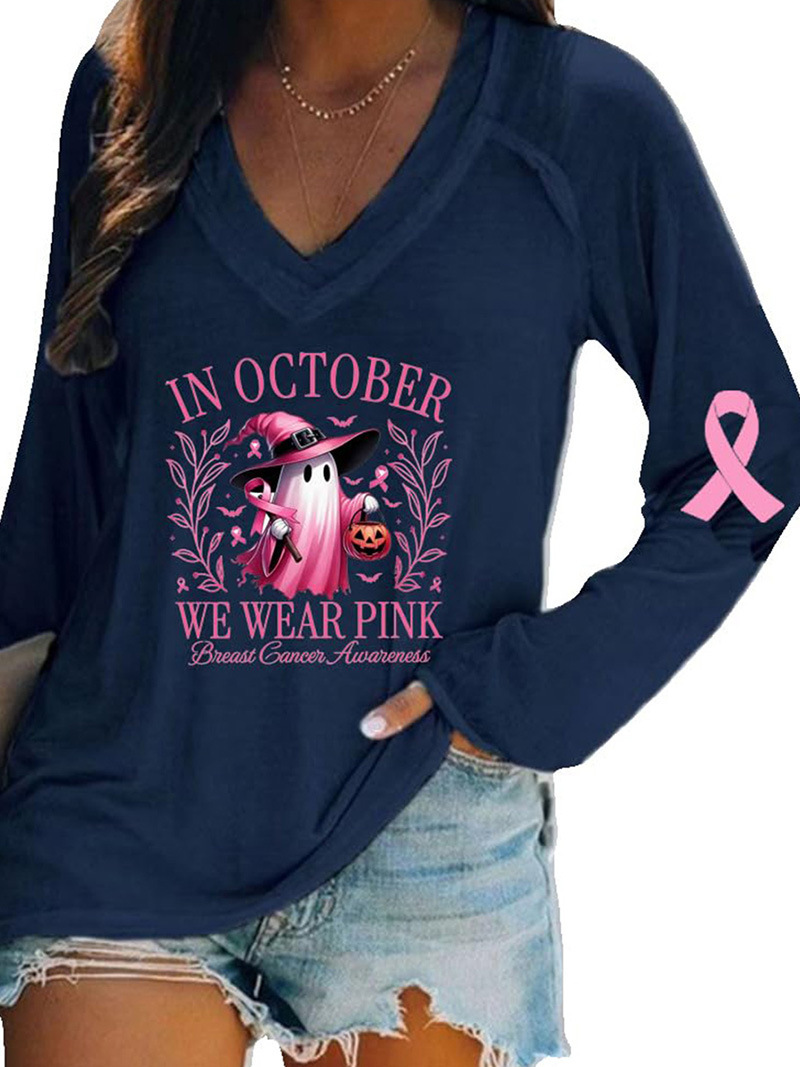 Women's V-Neck Long-Sleeve Halloween Pumpkin Ghost Ribbon Print T-Shirt