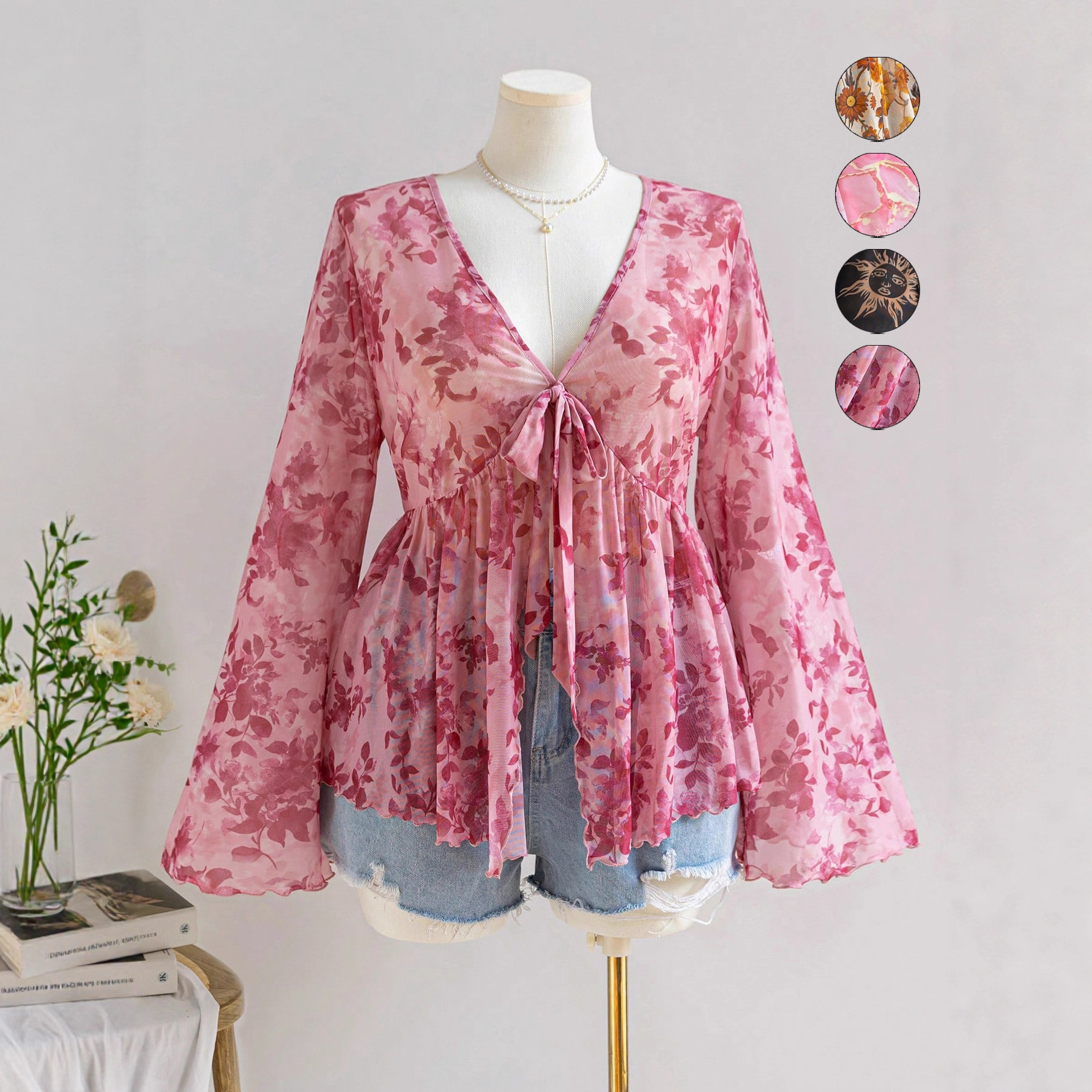 V-Neck Mesh Print Bell Sleeve Loose Vacation Top