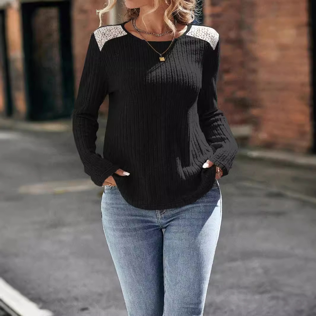 Women's Ribbed Brushed Lace Long Sleeve Crew Neck Top