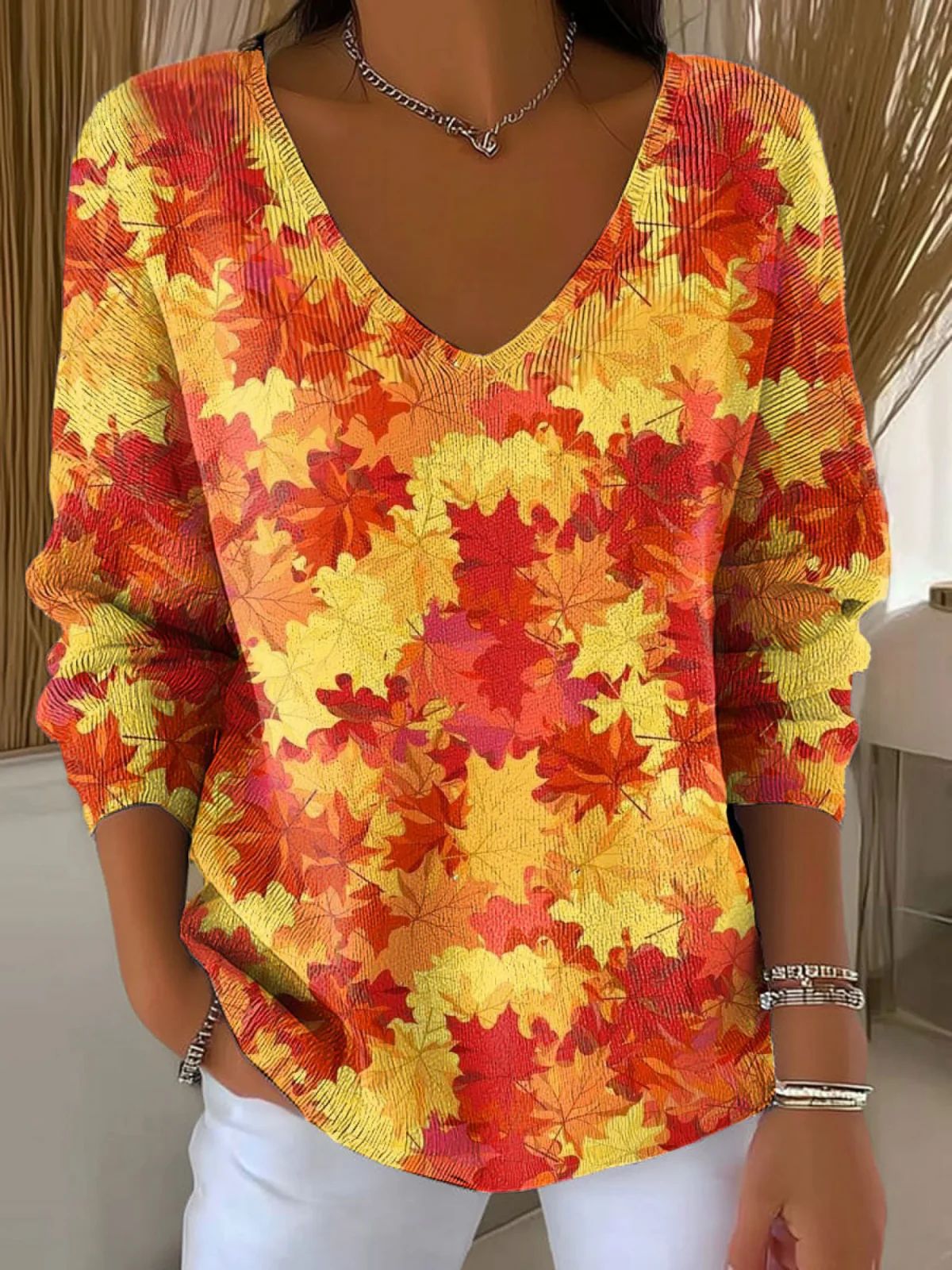Maple Leaf Print V-Neck Long Sleeve T-Shirt