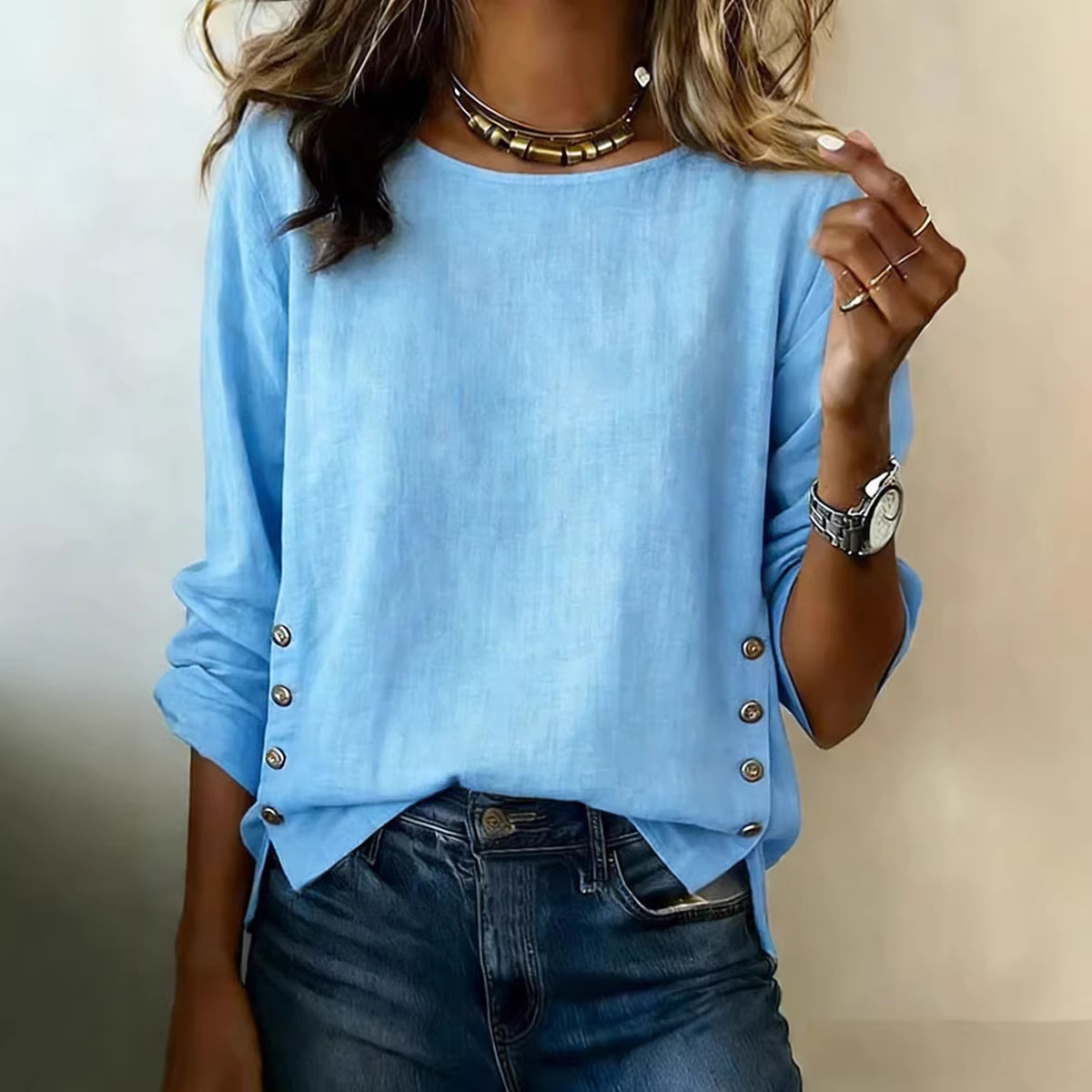 Women's Summer Cotton-Linen Crewneck Loose Casual T-Shirt