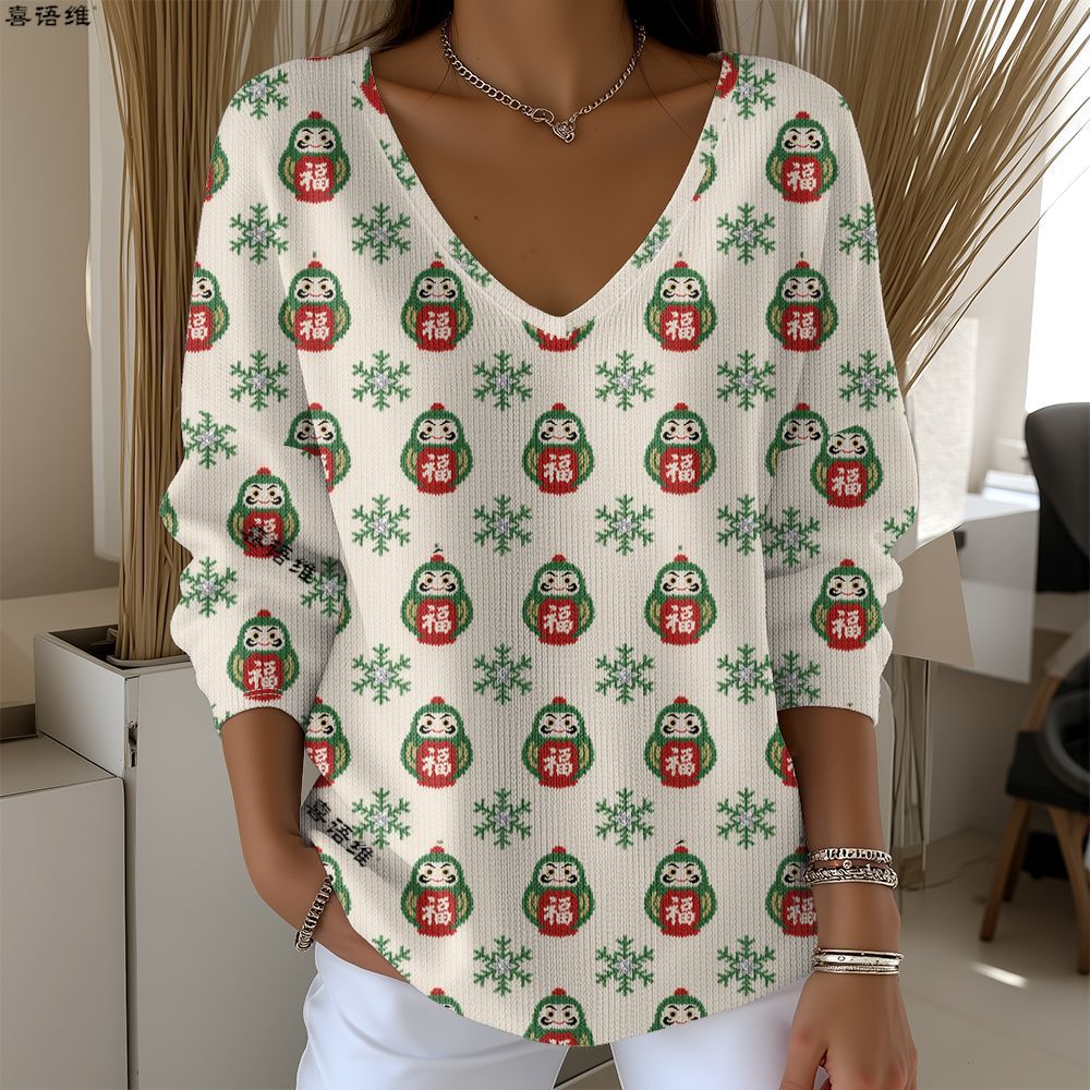 Christmas Snowman Reindeer Bow Print V-Neck Long Sleeve T-Shirt