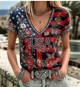 USA Flag 3D Print V-Neck Short Sleeve Women's T-Shirt