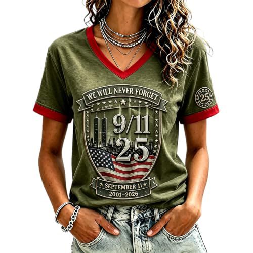 Twin Towers Anniversary Print V-Neck Short Sleeve Women's T-Shirt
