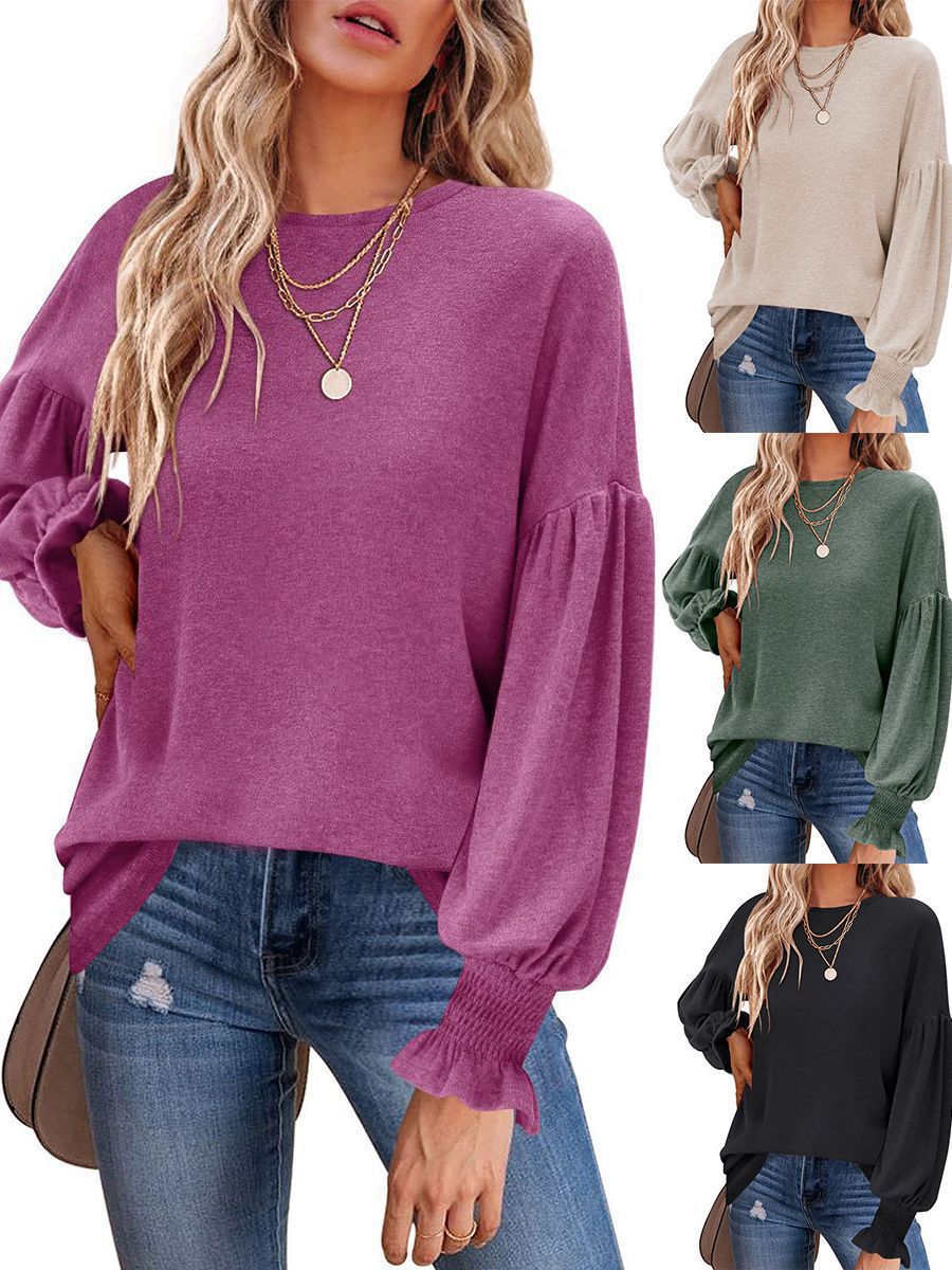 Women's Crewneck Ruched Lantern Sleeve Long Tunic Top