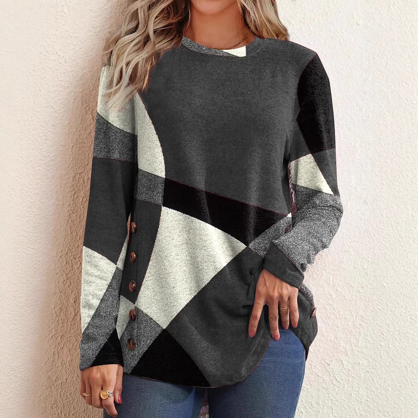 Women's Geometric Colorblock Long Sleeve Crewneck Loose Plus Size T-Shirt