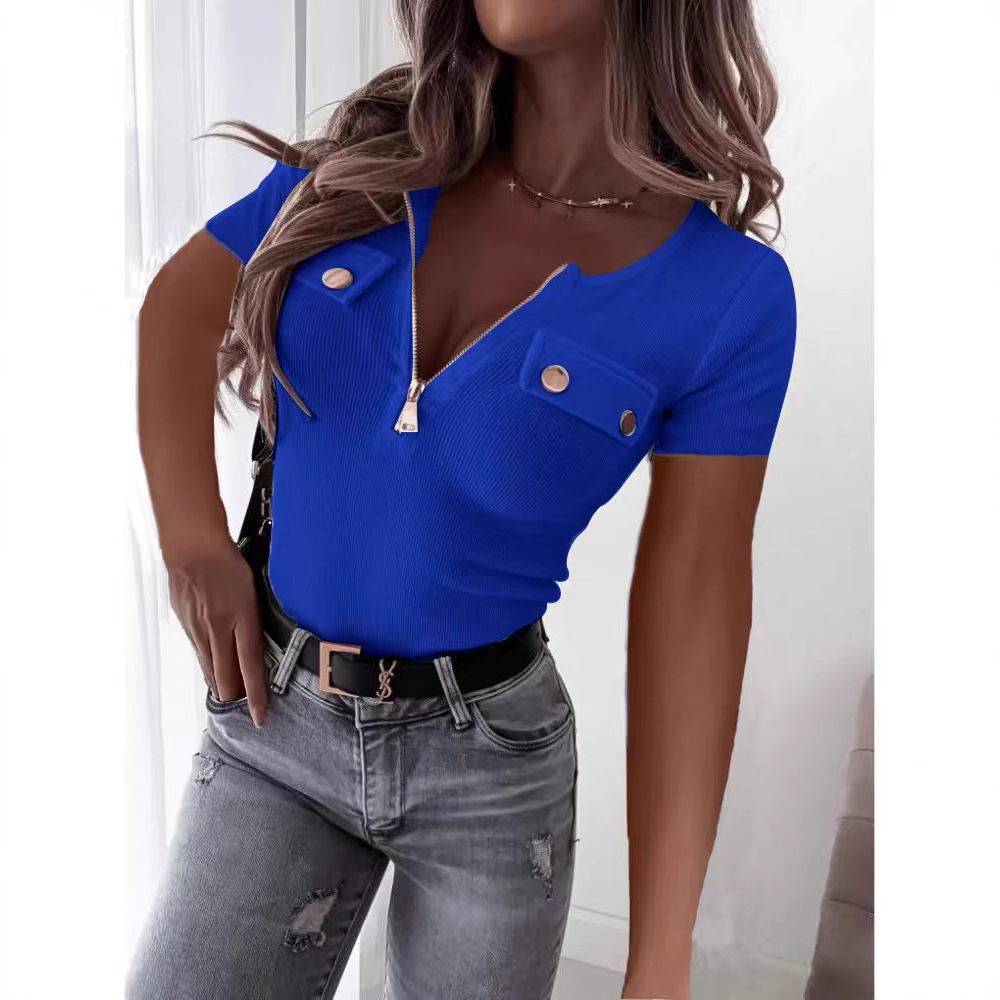 Women's Spring Summer V-Neck Zip-Up Knit Top Slim Fit Short Sleeve