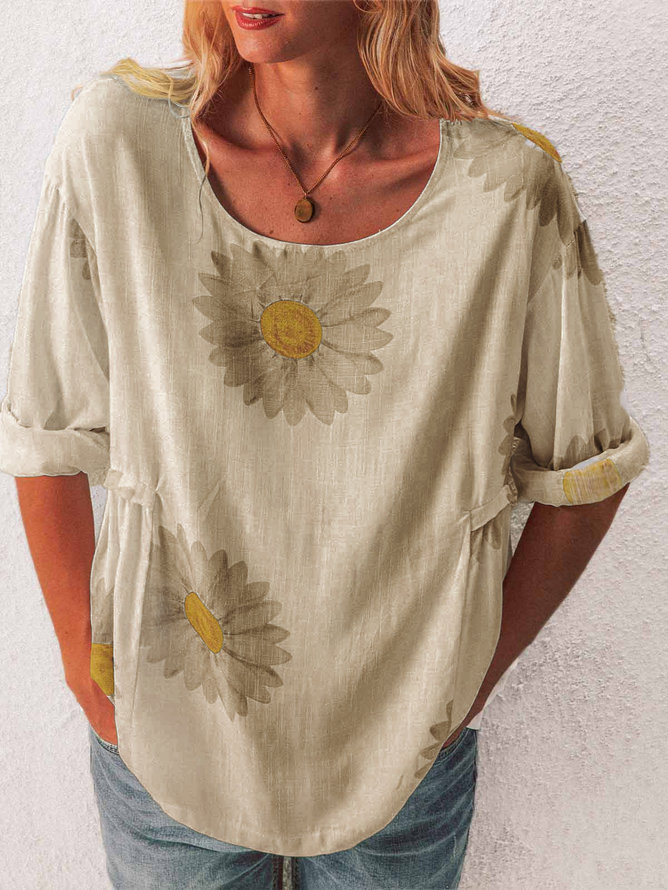 Women's Floral Print Cotton-Linen Blend T-Shirt
