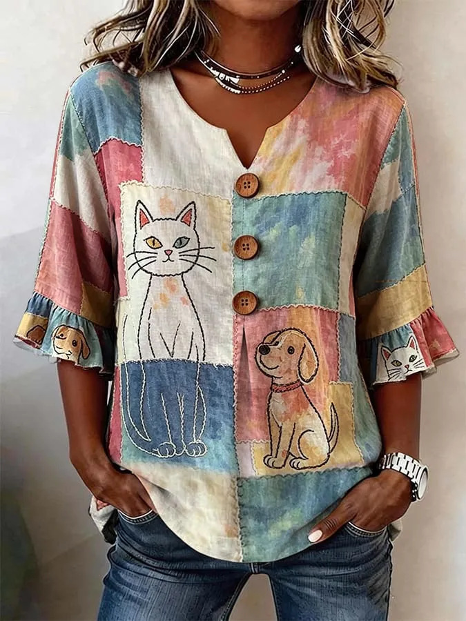 Women's Summer Floral Print Short Sleeve Button-Up Top