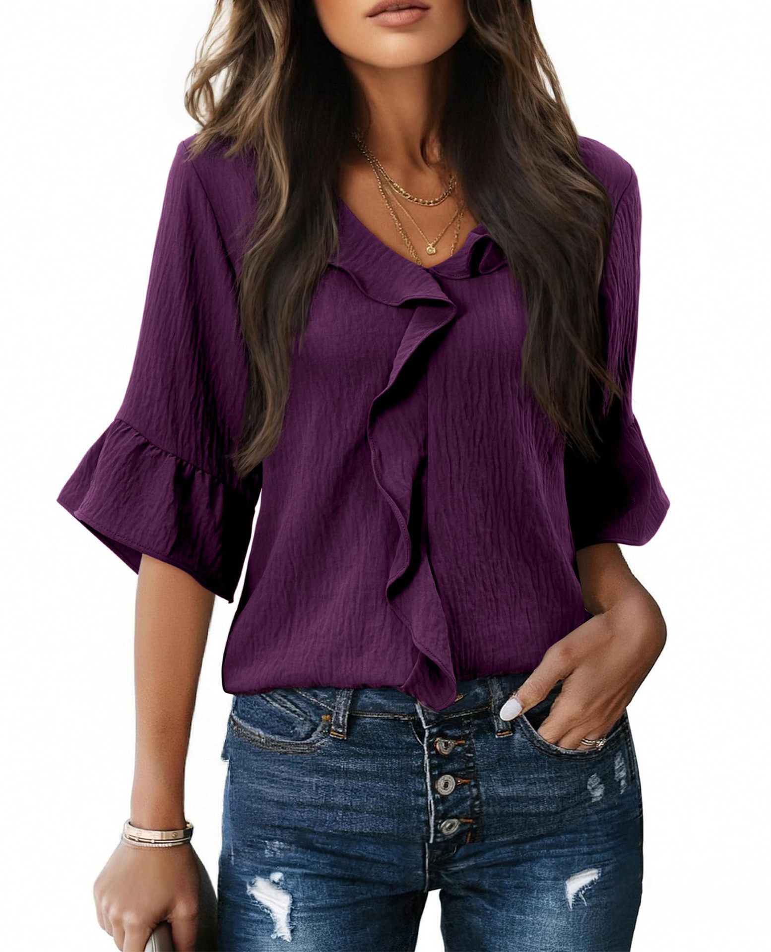 V-Neck Ruffle Lantern Sleeve Casual Top