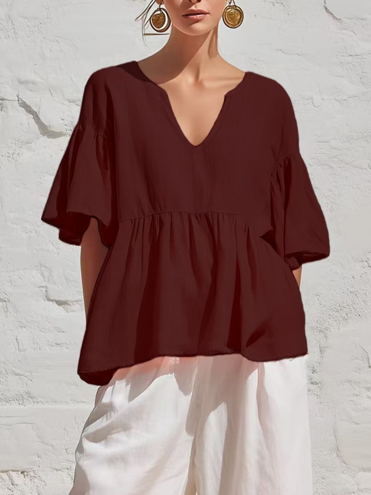 Women's Solid V-Neck Ruffle Sleeve Loose Knit Top