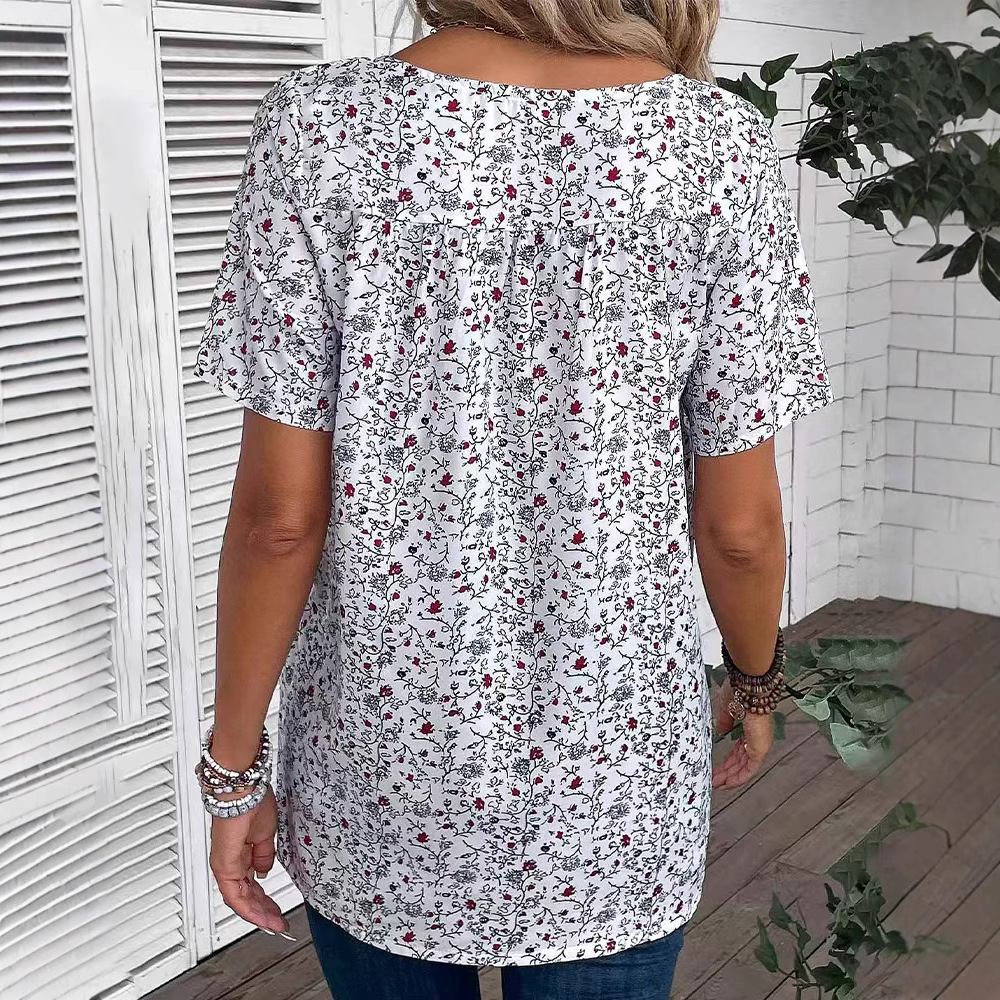 Elegant Floral Print V-Neck Short Sleeve Women's Top