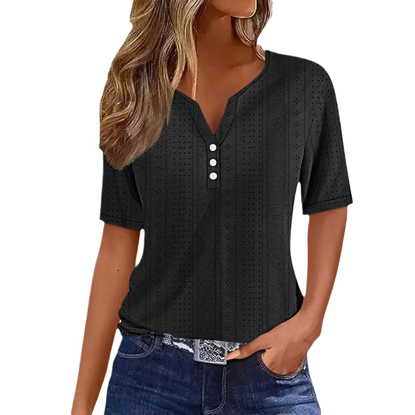 Women's Summer V-Neck Jacquard Hollow-Out Short-Sleeve Top