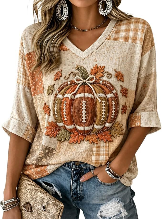 Halloween Pumpkin Bow Print V-Neck Half-Sleeve Women's T-Shirt