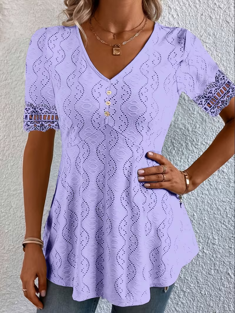 V-Neck Jacquard Lace Hollow-Out Waist-Cinched Short Sleeve Top