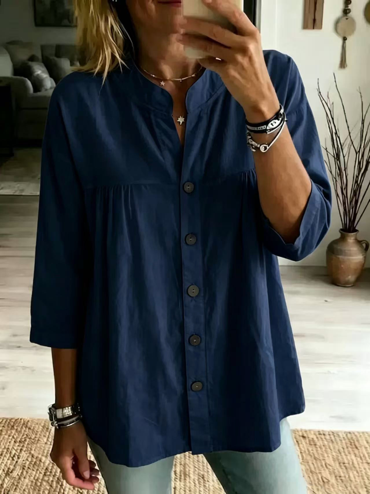 Women's Cotton-Linen Shirt Casual Vintage Solid Color 3/4 Sleeve Top