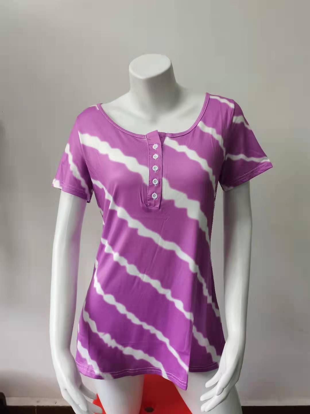 Striped Crewneck Button Short-Sleeve T-Shirt