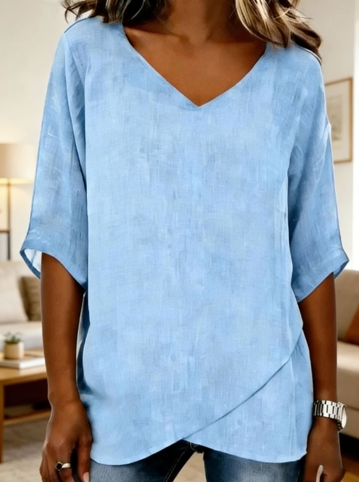 V-Neck Asymmetrical Short Sleeve Casual Top