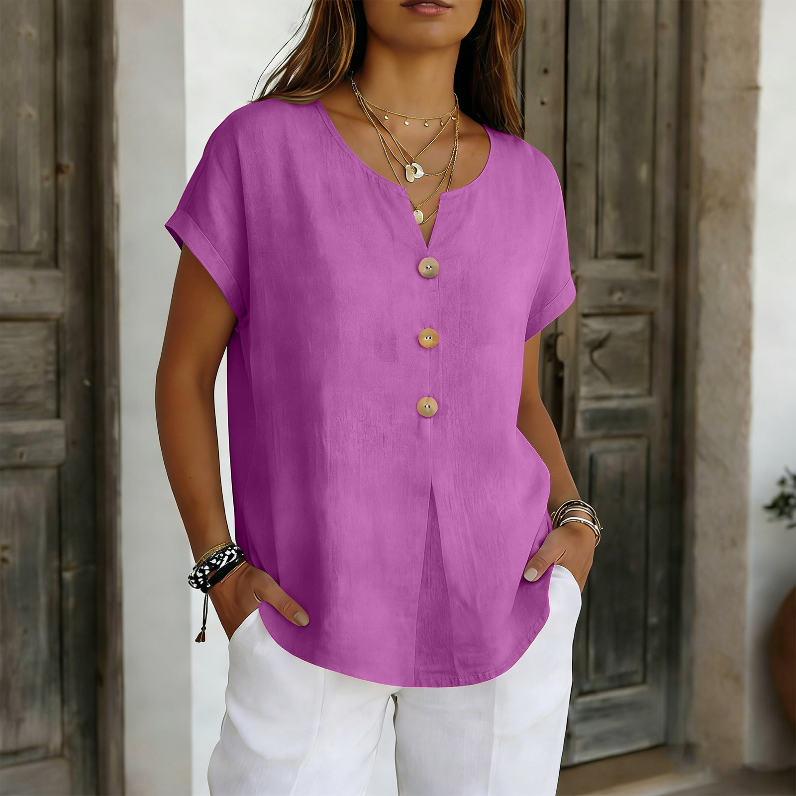 Women's Solid Color Cotton-Linen Short Sleeve V-Neck Loose Fit Top