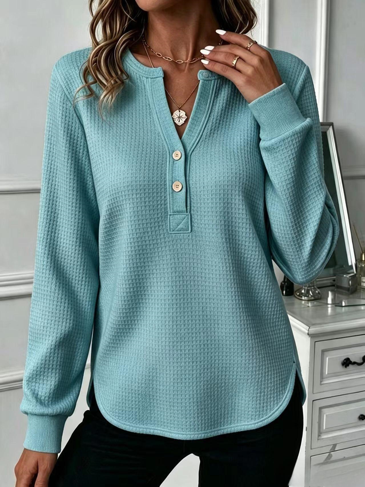 Waffle Knit V-Neck Button Loose Fit Long Sleeve Top