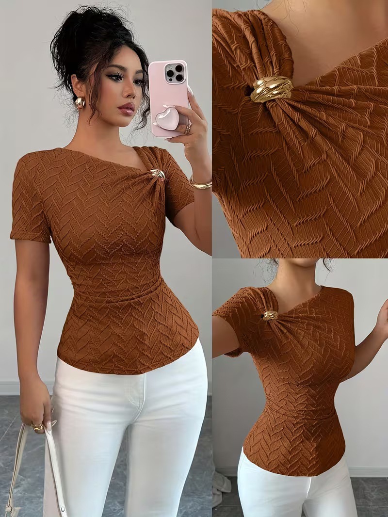 Women's Sexy Slim-Fit Asymmetric Neckline Metal-Trim Short-Sleeve T-Shirt