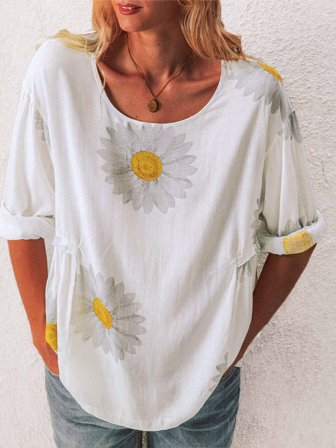 Women's Floral Print Cotton-Linen Blend T-Shirt