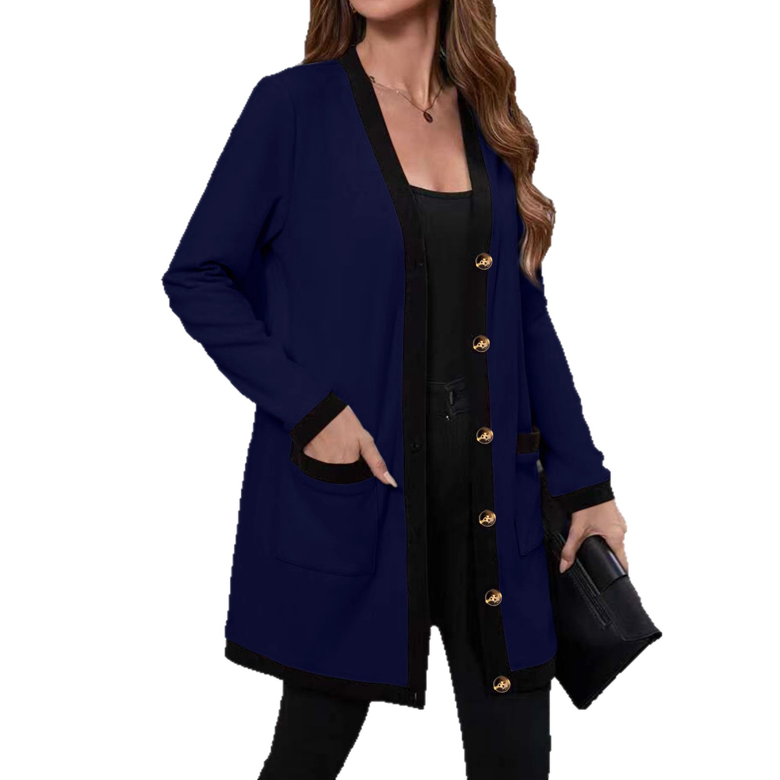 Colorblock Trim Knit Cardigan Women Open Front Midi Pocket Long Sleeve Plus Size