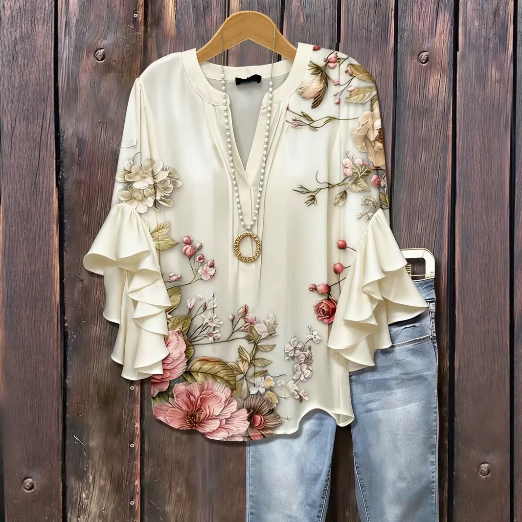 Floral Print Rolled Sleeve V-Neck Women's Top