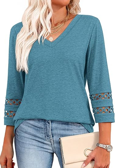 Women's Solid Loose V-Neck Hollow Out Casual Top
