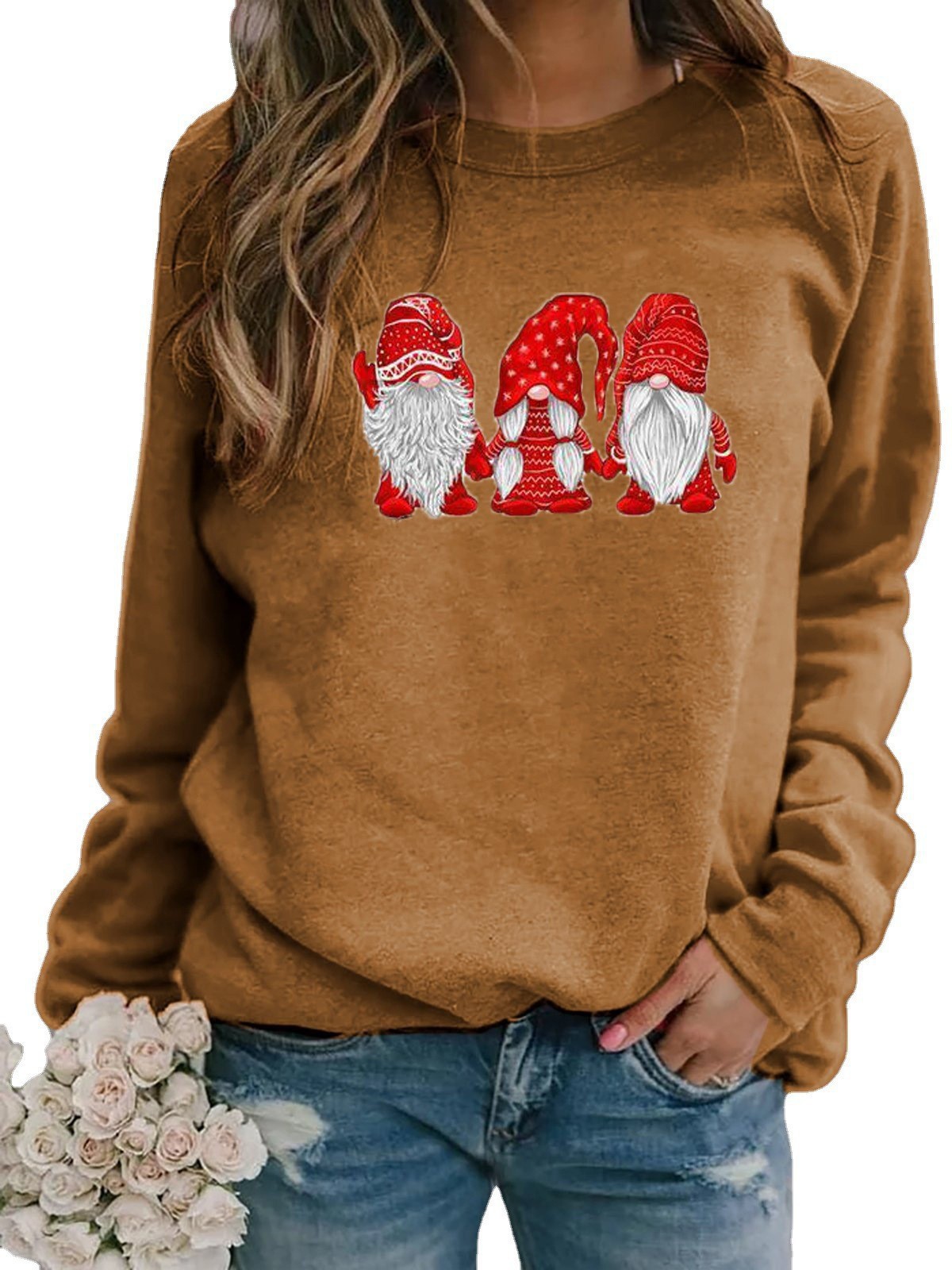 Women's Christmas Santa Print Long Sleeve Crewneck Loose T-Shirt