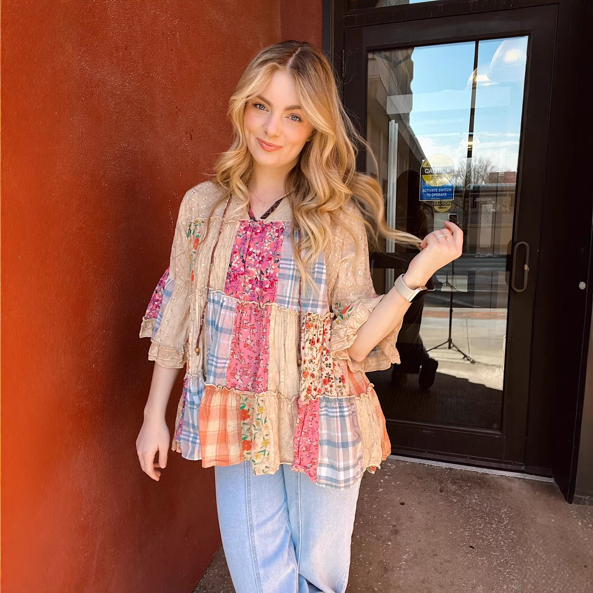 Women's Vintage Floral Digital Print Plaid Patchwork Loose V-Neck Three-Quarter Sleeve Top