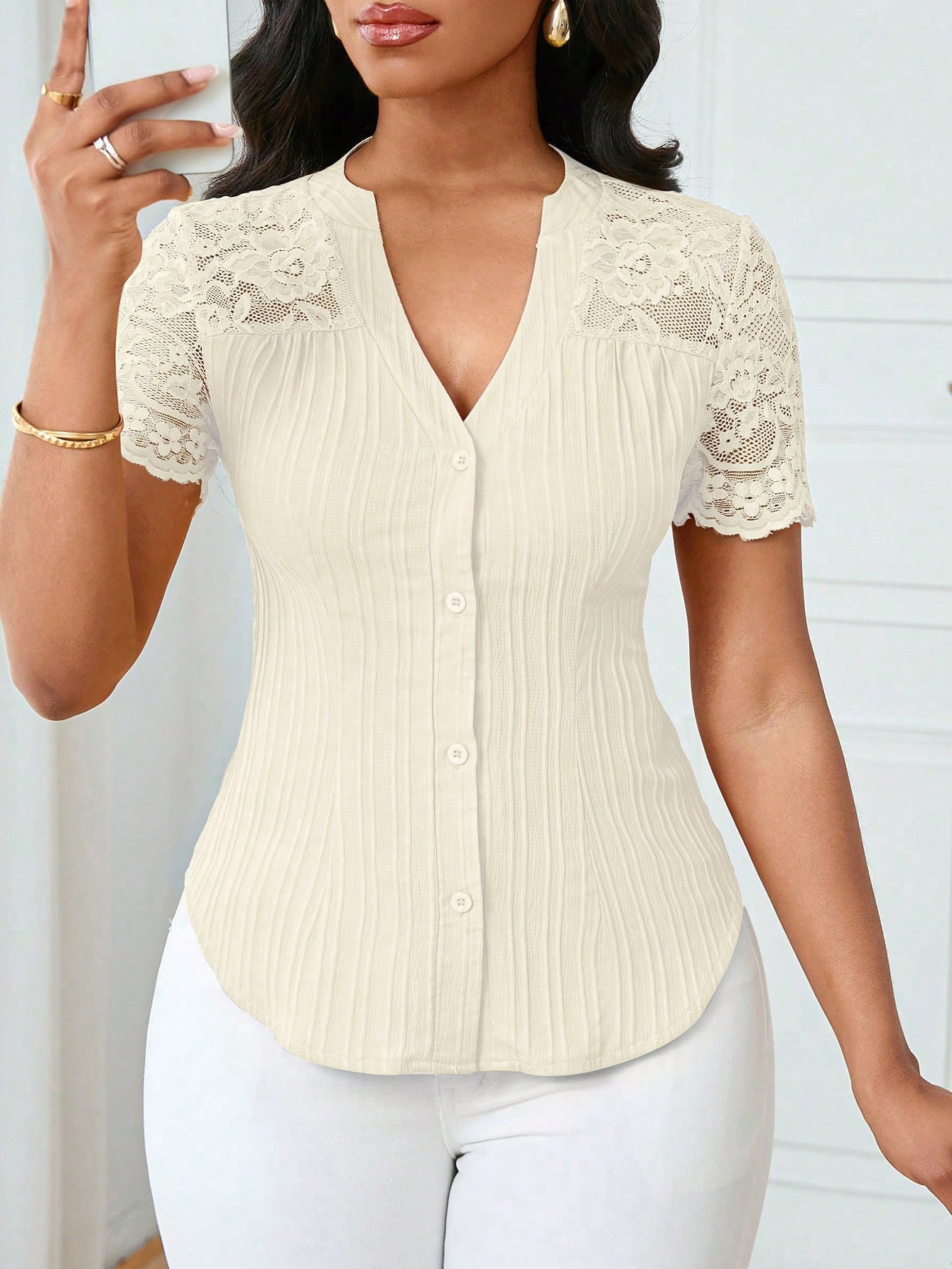 Women's Slim Fit Embroidered Cutout Short Sleeve Top