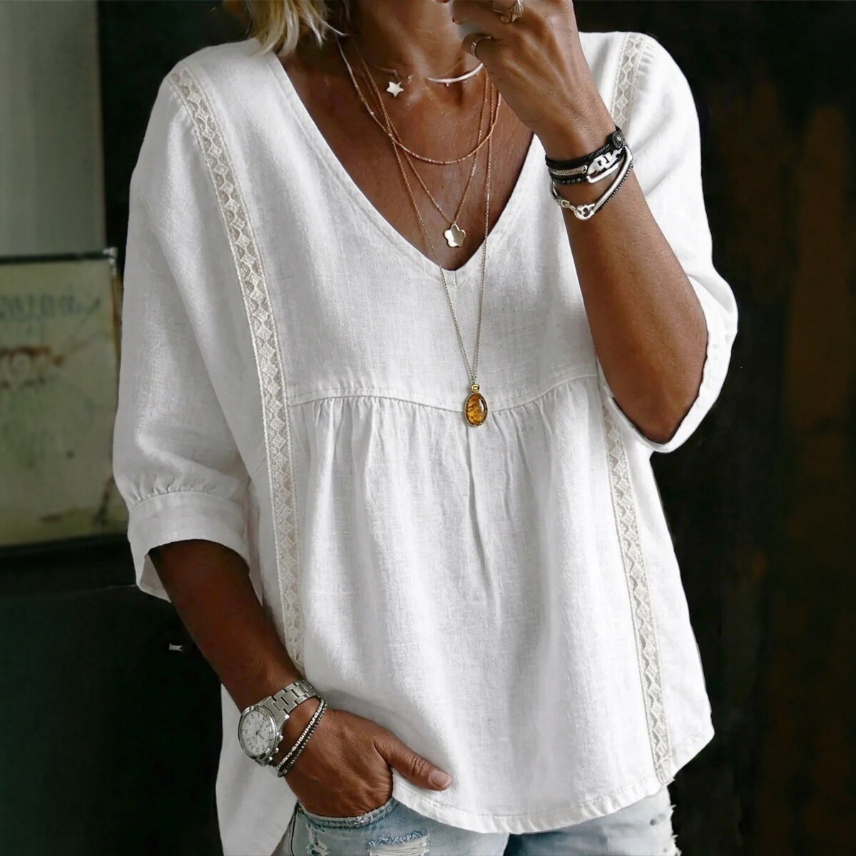 Lace Trim V-Neck Pullover Solid Color Casual Top