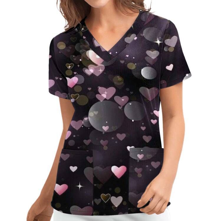 Digital Print Heart Short Sleeve Scrub Top V-Neck Loose Fit