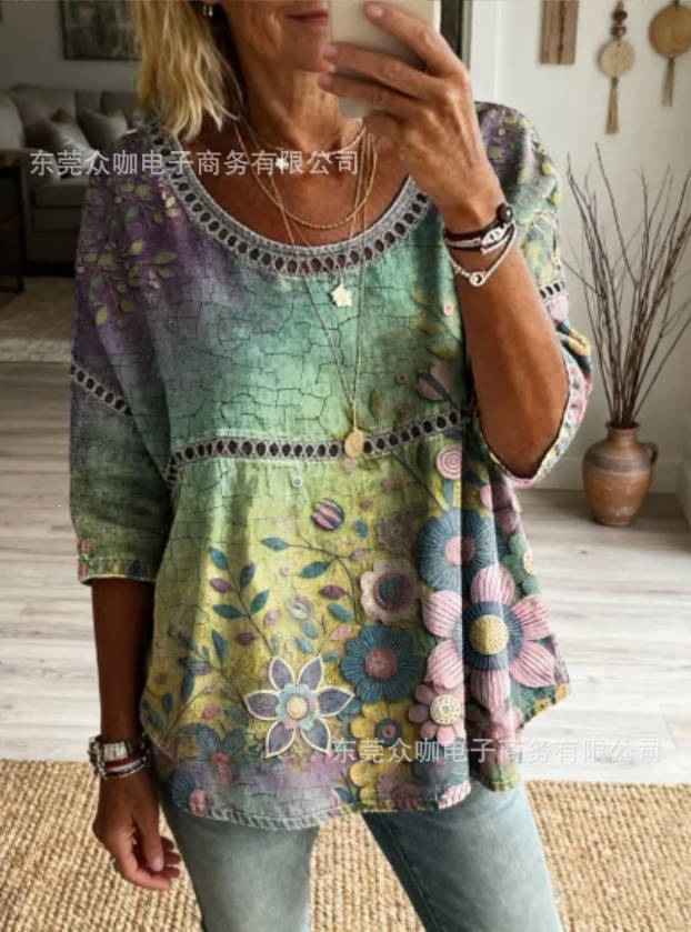 3D Floral Print Crewneck Half-Sleeve Ruched Top