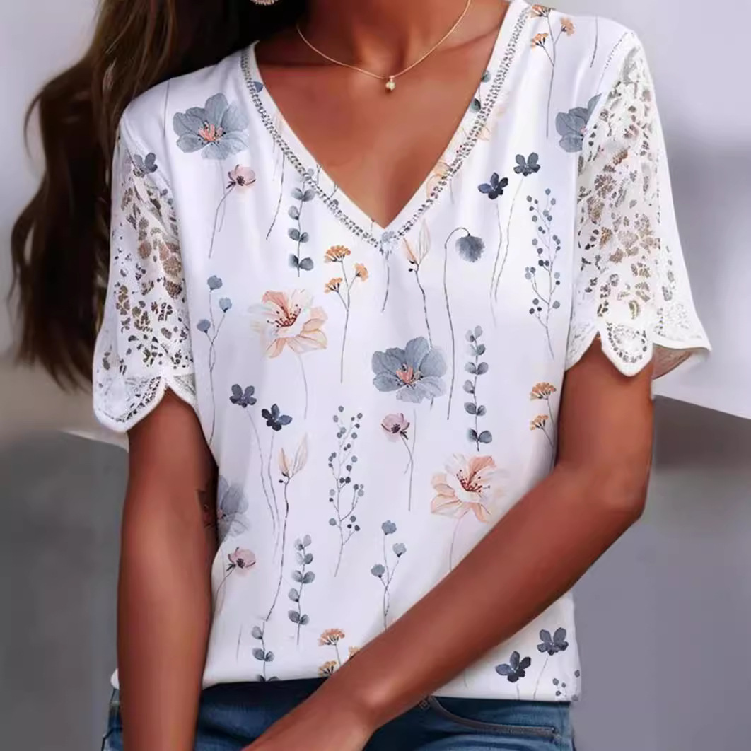 Floral Print V-Neck Lace Short Sleeve Top