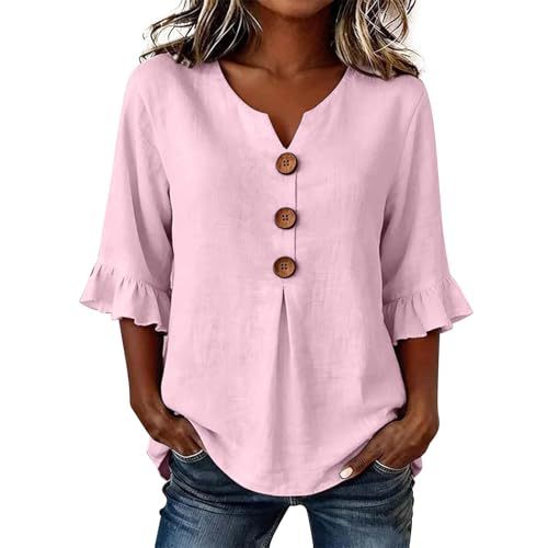 Women's Summer Solid Print Mid-Sleeve Button Top