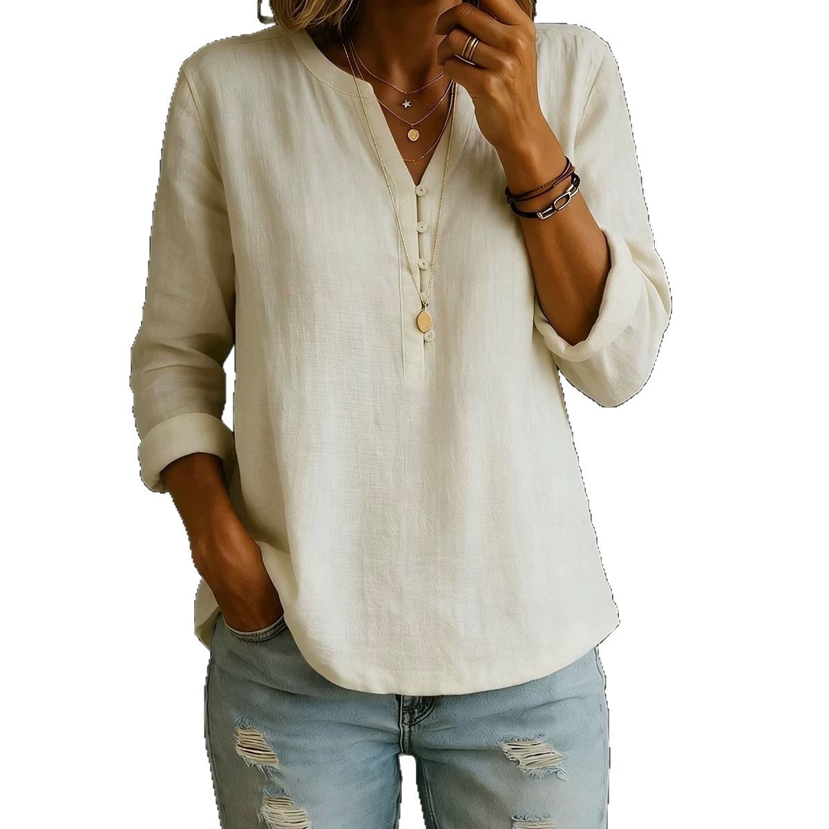 Cotton-Linen V-Neck Button-Front Long-Sleeve Top